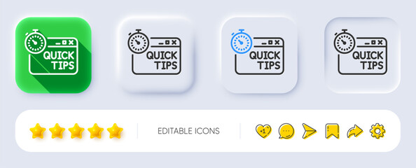 Quick tips line icon. Neumorphic, Flat shadow, 3d buttons. Helpful tricks sign. Tutorials with timer symbol. Line quick tips icon. Social media icons. Vector