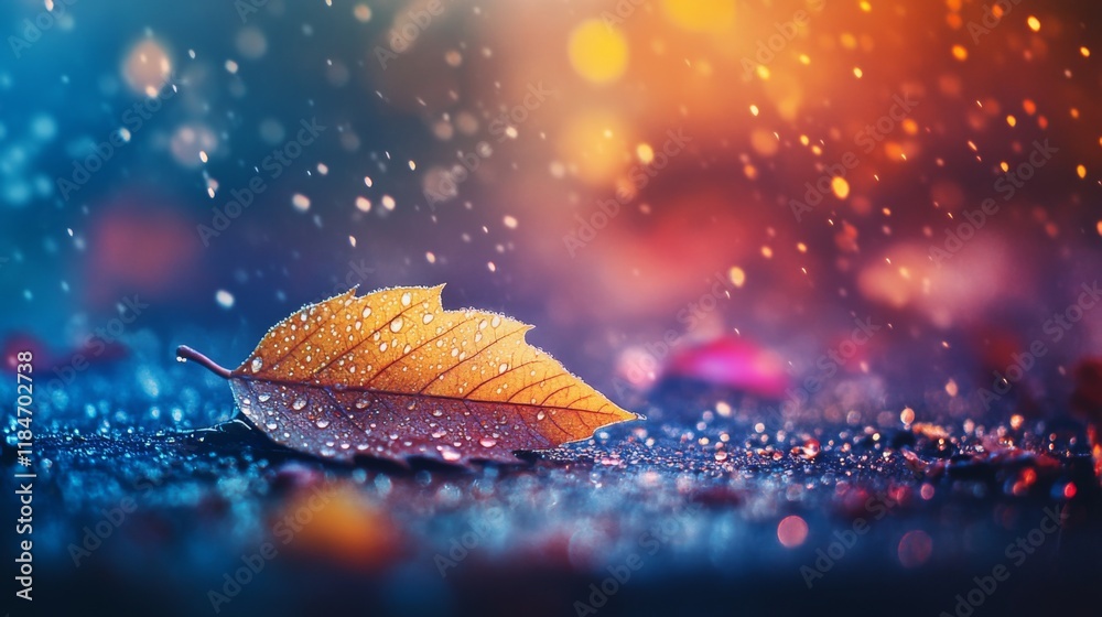 Poster a close-up of a leaf with dew drops on a colorful autumn background, highlighting the contrast betwe