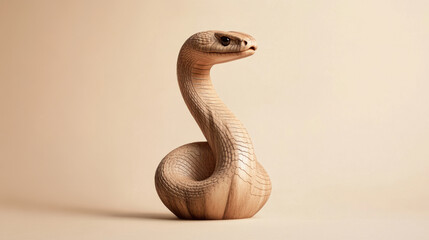 Fototapeta premium A finely carved snake sculpture stands elegantly on a smooth surface. Its features display exceptional artistry, emphasizing the natural beauty of wood and the skill of the artisan.