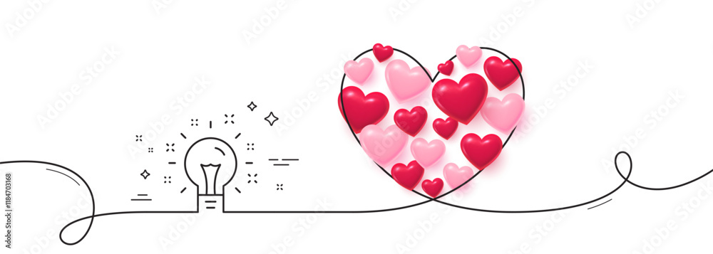 Poster idea line icon. continuous line big heart. light bulb or lamp sign. creativity, solution or thinking