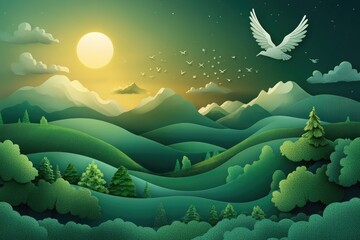 White dove flying over green hills at sunset with mountains in background