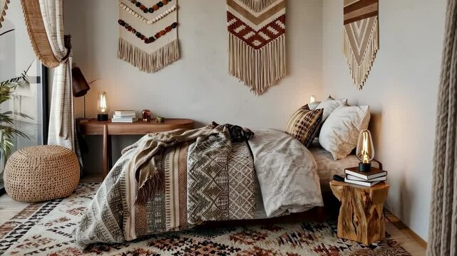Bohemian style bedroom, featuring macrame wall hangings, a patterned blanket, and wooden furniture.