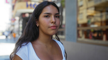 Young, beautiful, hispanic, woman standing outdoors in an urban street setting with buildings and people in the background.