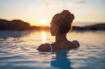 Fototapeta premium A woman with tied-back hair is seen relaxing in clear water at sunset. The sun casts a warm glow as she watches the horizon, radiating peace and tranquility.