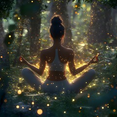 Woman meditating in a serene forest surrounded by glowing lights at twilight