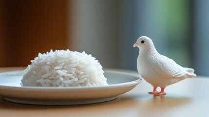 Obraz premium White plastic bird model next to neat rice mound on plate