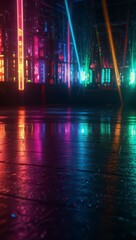 A vibrant 1980s disco dance floor illuminated by colorful neon lights.