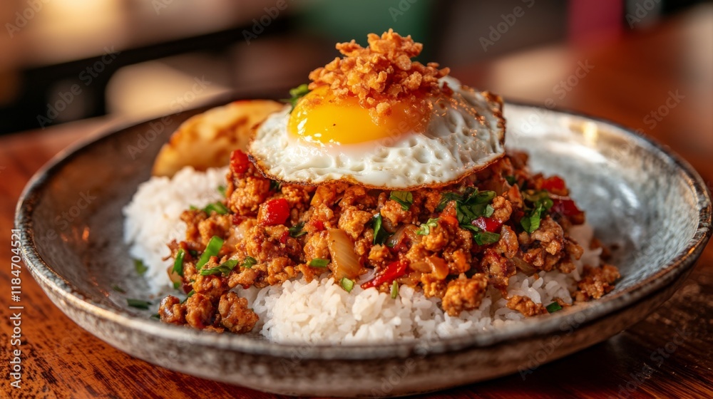 Wall mural A close-up of a plate of Pad Krapow Moo, featuring stir-fried minced pork with Thai basil, served with a fried egg on top and a side of rice for a hearty meal.