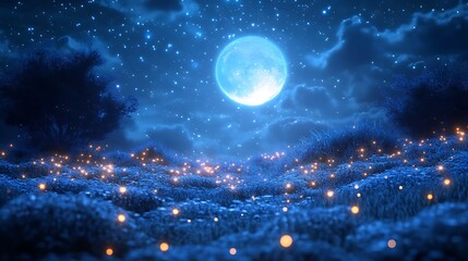 Enchanting Night Scene With Full Moon And Fireflies