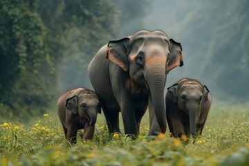 Elephant family walking through green grass in tropical forest
