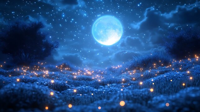 Enchanting Night Scene With Full Moon And Fireflies