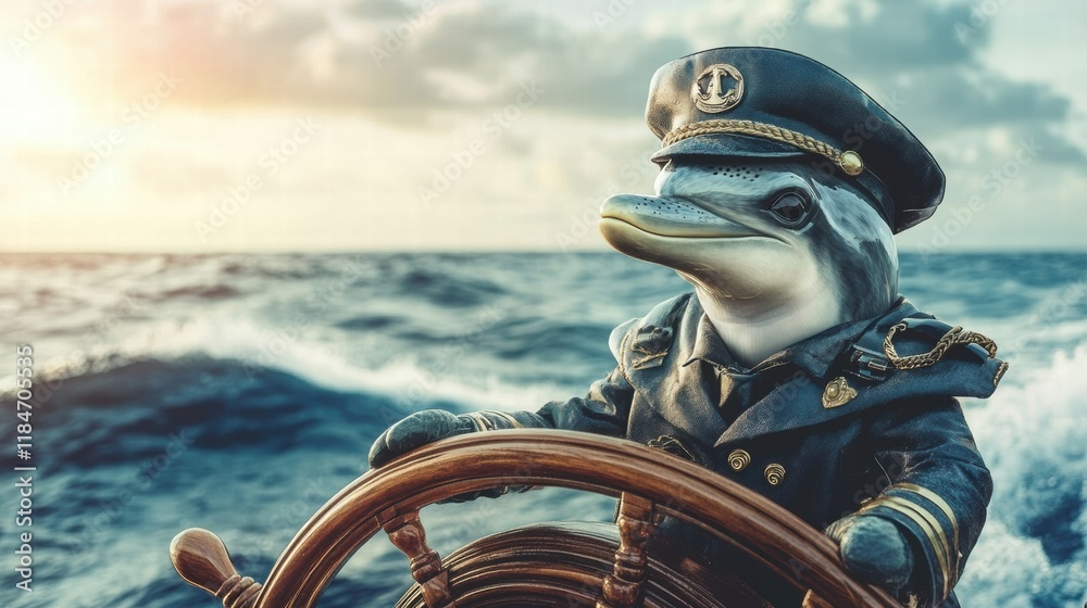 Poster dolphin captain steering a ships wheel while navigating through the ocean waters at sunset. generati