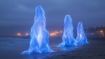 Illuminated ethereal forms stand on a beach at night