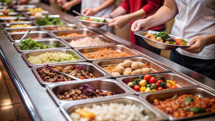 Obraz premium Student Lounge. Students serving themselves from a diverse food buffet in a busy dining hall
