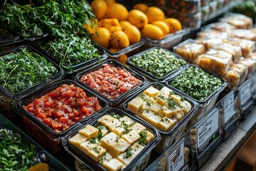 Obraz premium modern grocery store display of plantbased meat alternatives and vegetarian products showcasing sustainable food innovation