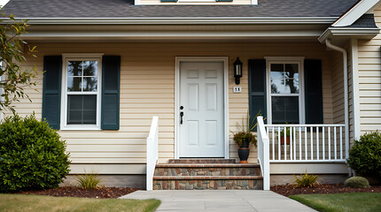 Tan vinyl-sided house with white front door, dark green shutters, and a small porch with a white railing and stone steps.  Landscaping includes green shrubs.