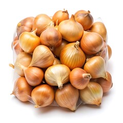 A bunch of fresh brown onions are piled inside a clear plastic bag and isolated against a white background.