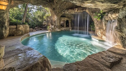 Naklejka premium Luxurious cave pool with waterfall, tropical background; resort brochure.