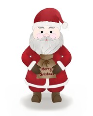 Cute Santa Claus in a traditional red suit with white fur, holding a bag of gifts with 