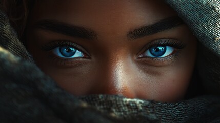 Fototapeta premium Close-up of a woman with dark eyes partially covered by a knitted scarf. Concept of mystery and winter fashion