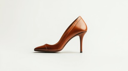 Obraz premium A sleek, brown high-heeled shoe displayed against a minimalistic background.