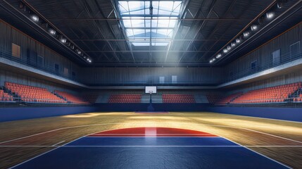 Empty indoor basketball court with high ceiling, orange seats, and sunlight streaming through skylight.