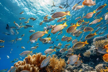 A vibrant school of tropical fish swims gracefully through a coral reef, showcasing the beauty of underwater life in a serene tropical ocean environment