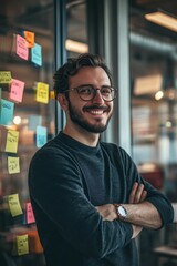 Fototapeta premium Smiling man, dark sweater, arms crossed, notes on glass.