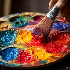 Obraz premium Paint Brush in the Hand of an Artist, Dipped in the Watercolor Palette, with a Blurred Background