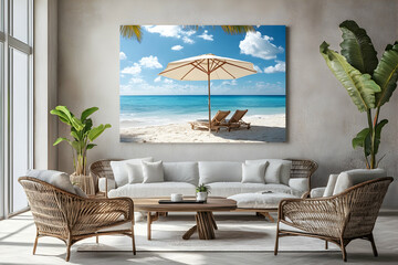 Seascape with chairs and a sun umbrella on a tropical beach, evoking relaxation and sunny holiday vibes