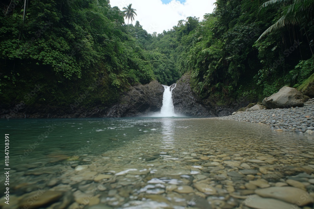 Poster water flows gracefully down a rocky cliff into a transparent mountain stream, surrounded by vibrant 