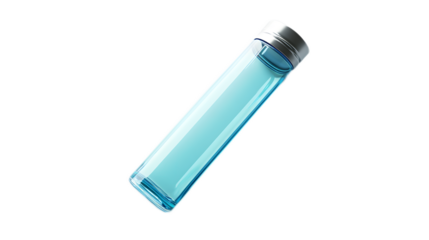 Transparent Bottle with Blue Liquid and Silver Cap on Isolated Background