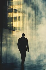 Fototapeta premium Silhouette walks away, foggy urban scene.