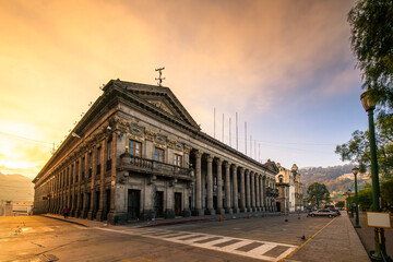 Fototapeta premium Wide exterior view of the municipal palace of the city of Quetzaltenango, Guatemala.