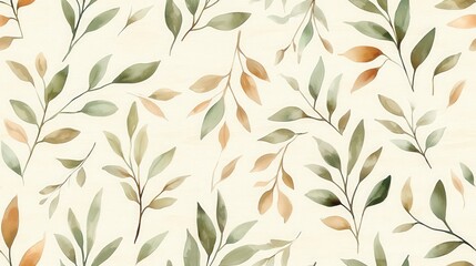 Watercolor leaf pattern; autumnal greens and oranges