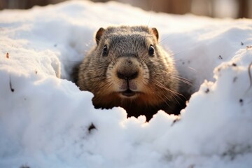 Obraz premium Groundhog peeking out of its burrow in a snowy landscape