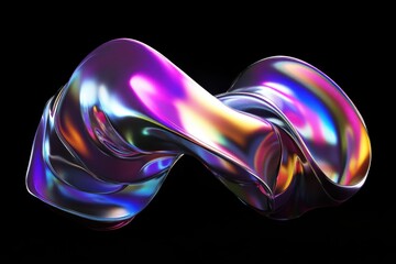 Contemporary abstract design showcasing glossy metallic waves, holographic surfaces, vivid rainbow colors, and a sleek black background for striking visual impact
