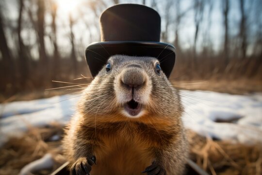 Groundhog wearing top hat emerging from its hole predicting weather on groundhog day