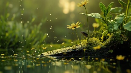 Naklejka premium Tranquil Pond with Rain and Blossoms