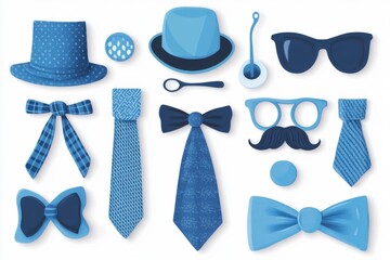 Father's day card designs showcasing neckties, mustaches, hats, and glasses in vibrant blue tones for festive banners, templates, posters, and social media promotions