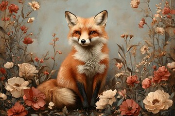 Fototapeta premium Vintage-style fox sitting within a floral border