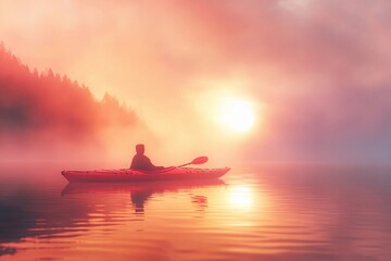 Obraz premium Bright red kayak floating on a misty lake at dawn