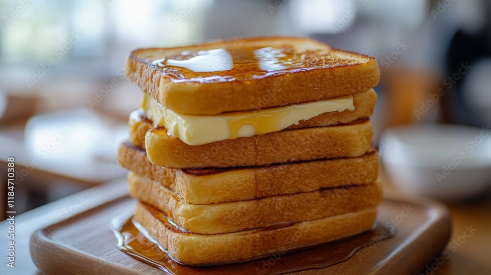 Poster a close-up of honey toast stacked high, with layers of butter and syrup, showcasing the golden textu