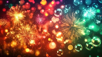 Glowing bubbles filled with fireworks patterns, festive and exciting, colorful bubbles, celebration imagery 