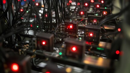 Quantum computing processors working with red indicator lights flashing, symbolizing data processing and advanced technology in a scientific environment