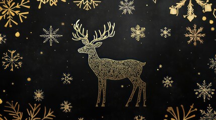 Gold deer silhouette on black background with snowflakes and winter plants.