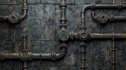 Intricate industrial pipes on a dark concrete wall create a textured grunge background.