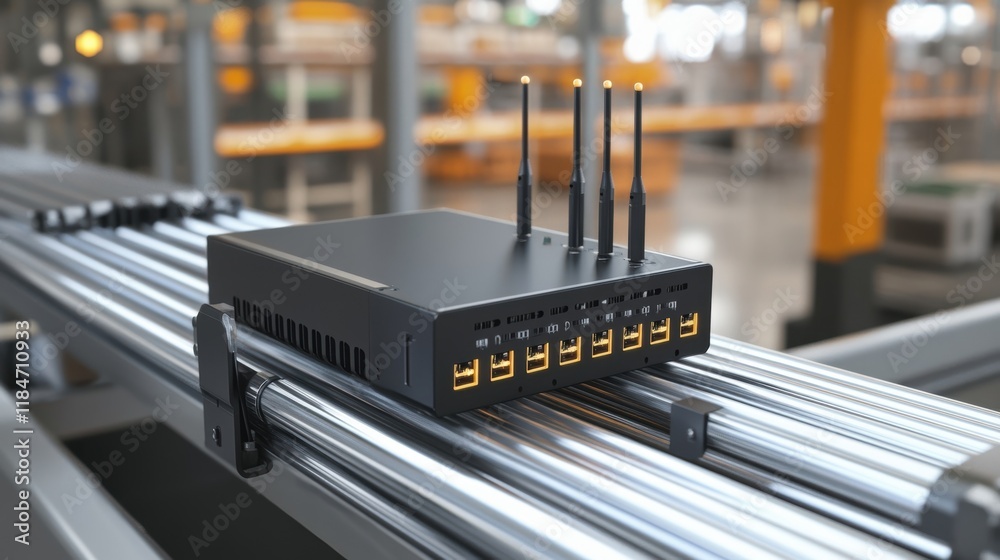 Poster wireless router with multiple antennas and ethernet ports managing an automated production line insi