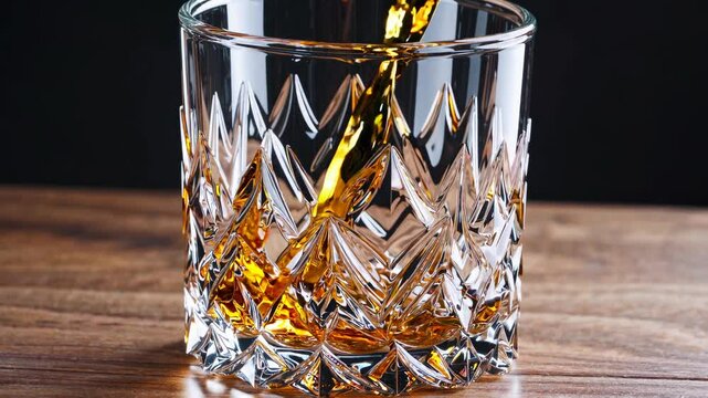 Pouring whiskey in a crystal glass, alcohol drink closeup