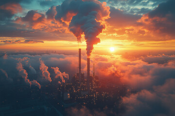 Obraz premium Factory exterior at sunset with warm tones and visible eco-friendly elements, bright lighting, contrast